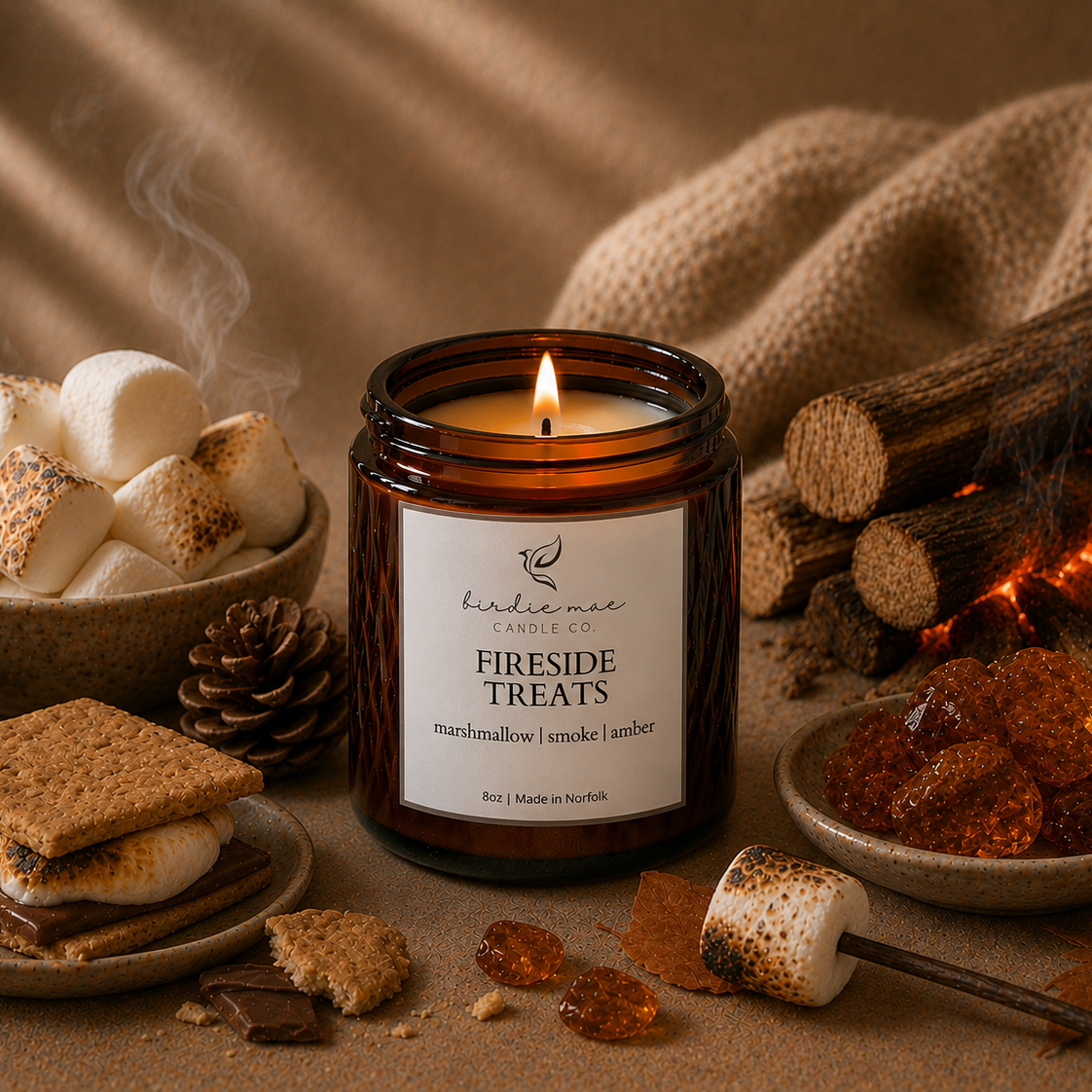 A lit amber glass candle jar labeled 'fireside treats marshmallow smoke + amber' sits on a rustic surface surrounded by s'mores, toasted marshmallows, graham crackers, amber resin pieces, pinecones, burlap, and faux logs with glowing embers.